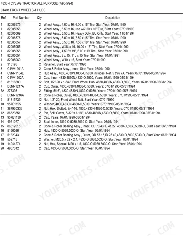 New Holland 4830, 5030 parts list for front wheels and hubs, including part numbers for bearings, seals, and bolts.
