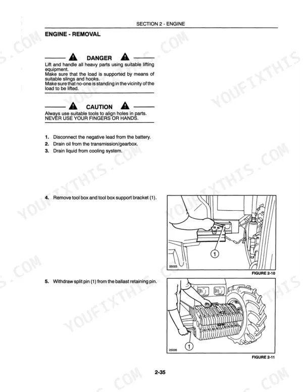 New Holland 4835, 5635, 6635, 7635 engine removal procedure, tool box and ballast retaining pin removal diagrams.