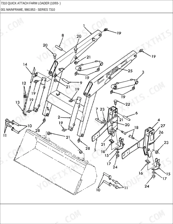 New Holland 5030, 7310 QUICK ATTACH FARM loader exploded view of mainframe, lift cylinders, and bucket assembly parts.