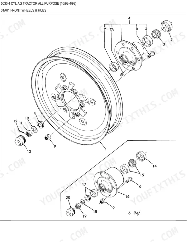 New Holland 5030, 7310 QUICK ATTACH FARM exploded view diagram of front wheels, hubs, bearings, and spindle hardware.