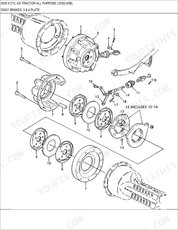 New Holland 5030, 7310 QUICK ATTACH FARM exploded view diagram of 3 and 4 plate brake assembly components.