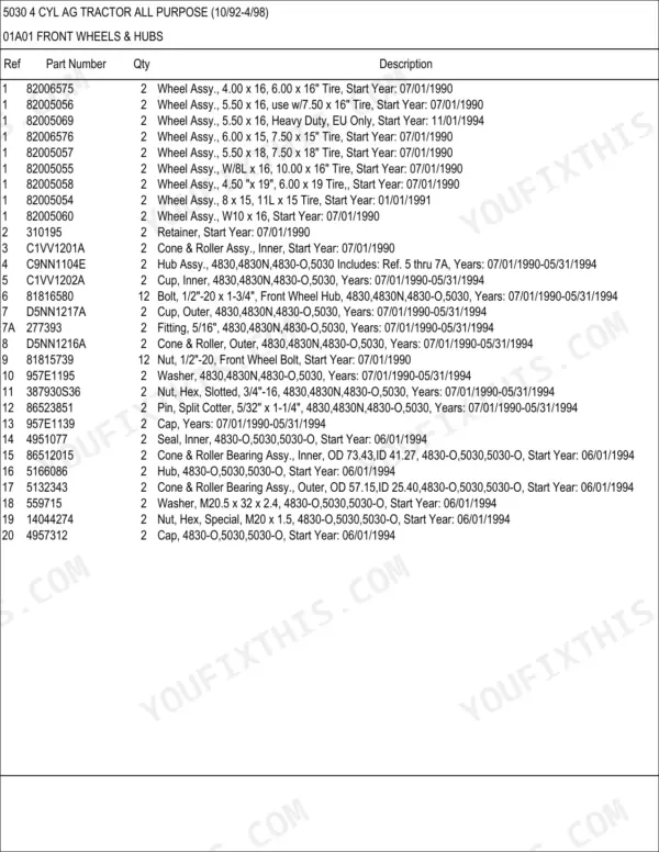 New Holland 5030, 7310 QUICK ATTACH FARM parts list for front wheels and hubs, including part numbers and descriptions.