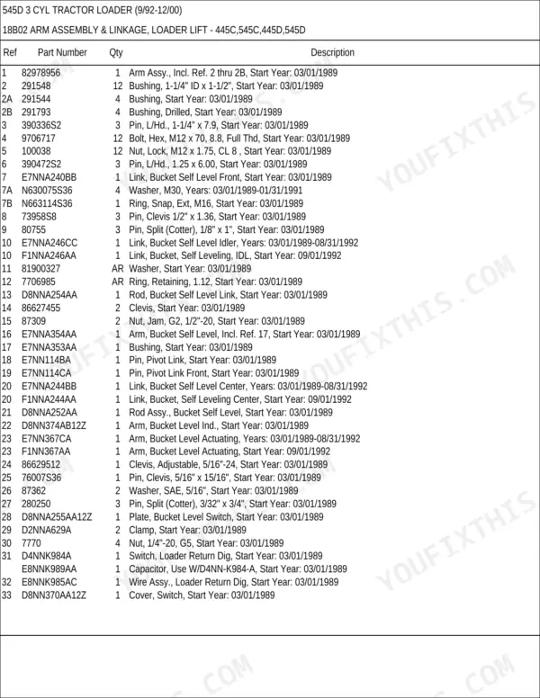 New Holland 545D 3 CYL parts list for loader lift arm assembly and bucket linkage components.