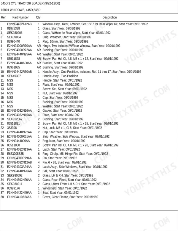 New Holland 545D 3 CYL parts list for windows, glass, handles, and latches.