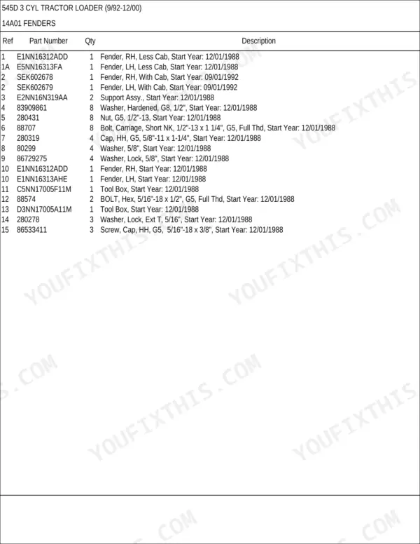 New Holland 545D 3 CYL parts list for fenders, tool boxes, and mounting hardware including bolts and washers.