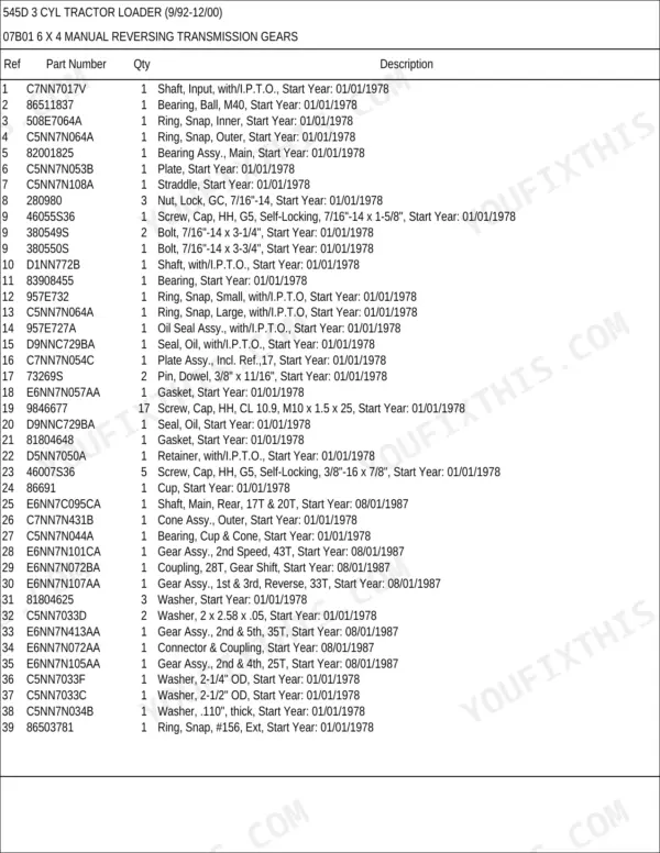 New Holland 545D 3 CYL parts list for 6x4 manual reversing transmission gears, refs 1-39.