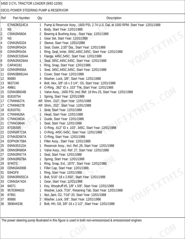 New Holland 545D 3 CYL parts list for power steering pump and reservoir assembly components.