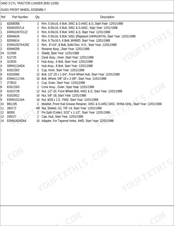 New Holland 545D 3 CYL parts list for front wheel assembly, including rims, hubs, and hardware.