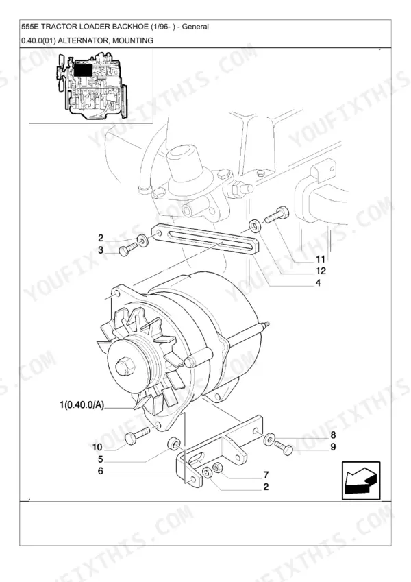 New Holland 555E parts catalog - Alternator and Engine Mounting, 555E TRACTOR LOADER BACKHOE (1/96- ) - General