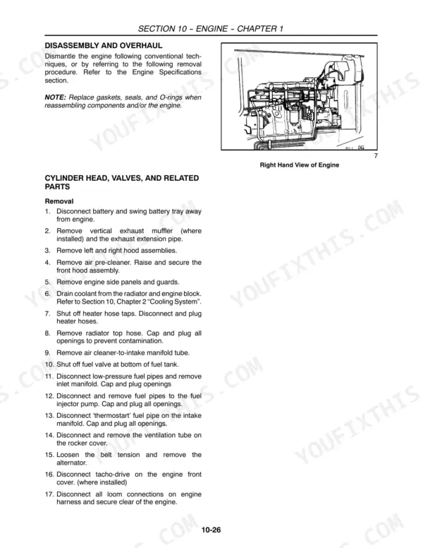 New Holland 5610S, 6610S, 7610S, 7010, 8010 engine cylinder head removal procedure and right hand engine view diagram.