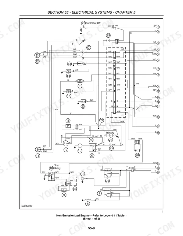 New Holland 5610S, 6610S, 7610S, 7010, 8010 electrical wiring diagram for non-emissionized engine fuel shut off and start relay.
