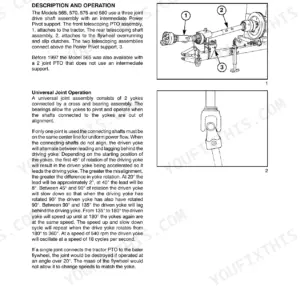 New Holland 565, 570, 575, 580 manual page showing universal joint and power pivot driveline assembly diagrams.