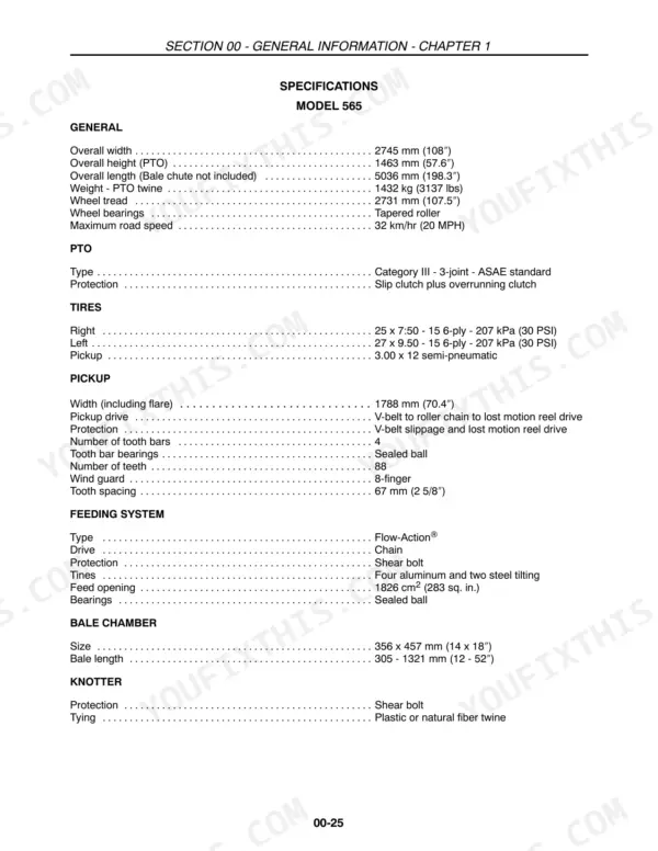New Holland 565, 570, 575, 580 general specifications table for baler components including PTO, tires, pickup, and knotter.