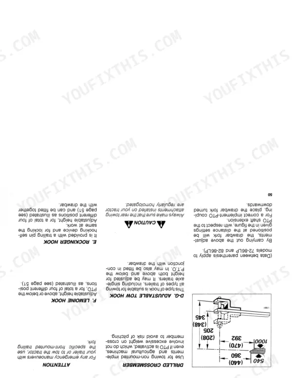 New Holland 62-86 to 82-860 manual page 50: diagram and instructions for adjustable drawbar, Rockinger hook, and Lemoine hook.
