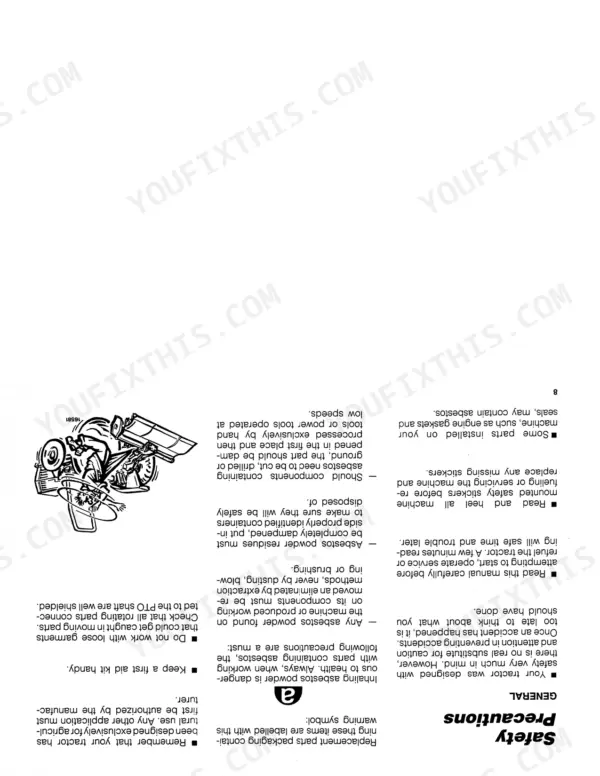 New Holland 62-86, 72-86, 82-86 LP, 72-86 LP, 82-86, 62-86 DTO, 72-86 DTO, 82-86 DTO, 72-86 DTLP, 82-86 DTLP, 72-86LP, 82-86LP, 62-860, 72-860, 82-860, L tractor safety precautions page covering asbestos handling and general operation warnings.
