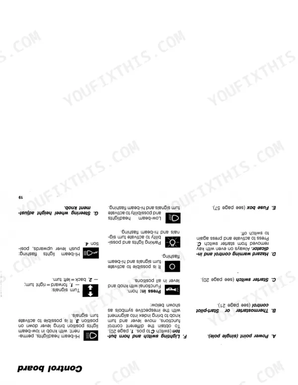 New Holland 62-86 to 82-860 tractor control board manual page showing lighting, horn, and hazard switch operations.