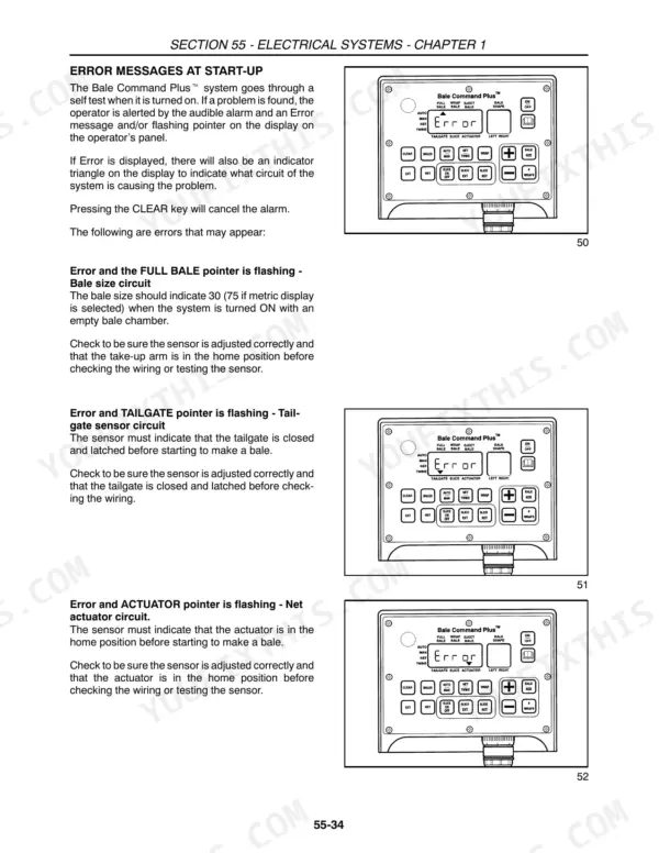 New Holland 638, 648, 658, 678, 688 Bale Command Plus error messages, troubleshooting bale size, tailgate, and actuator circuits.