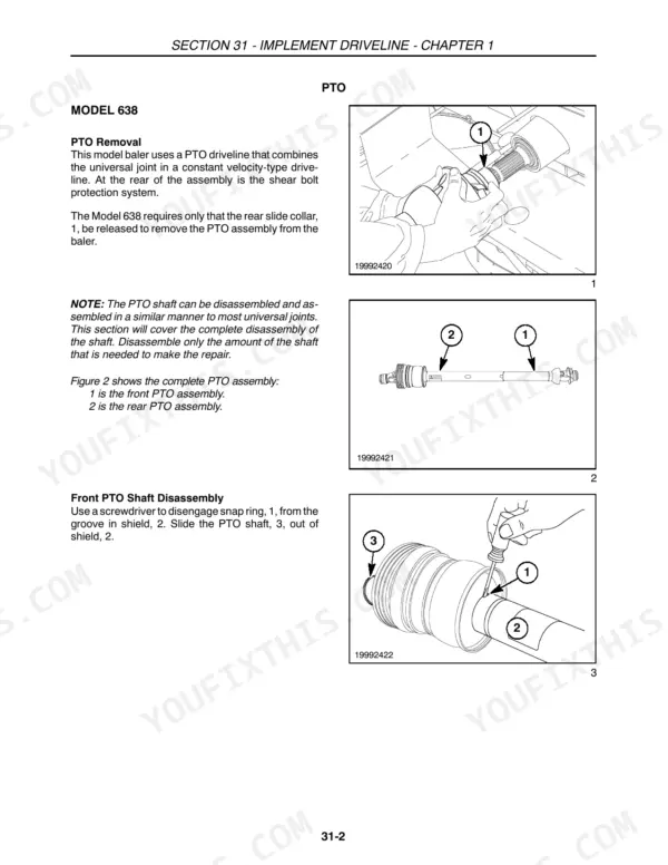 New Holland 638, 648, 658, 678, 688 PTO driveline removal and front shaft disassembly procedures with component diagrams.