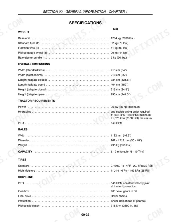 New Holland 638, 648, 658, 678, 688 specifications table for weight, dimensions, tractor requirements, and driveline.