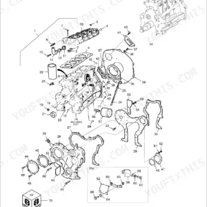 Ford 6610 exploded view of engine cylinder block, head, and related components with numbered parts list.