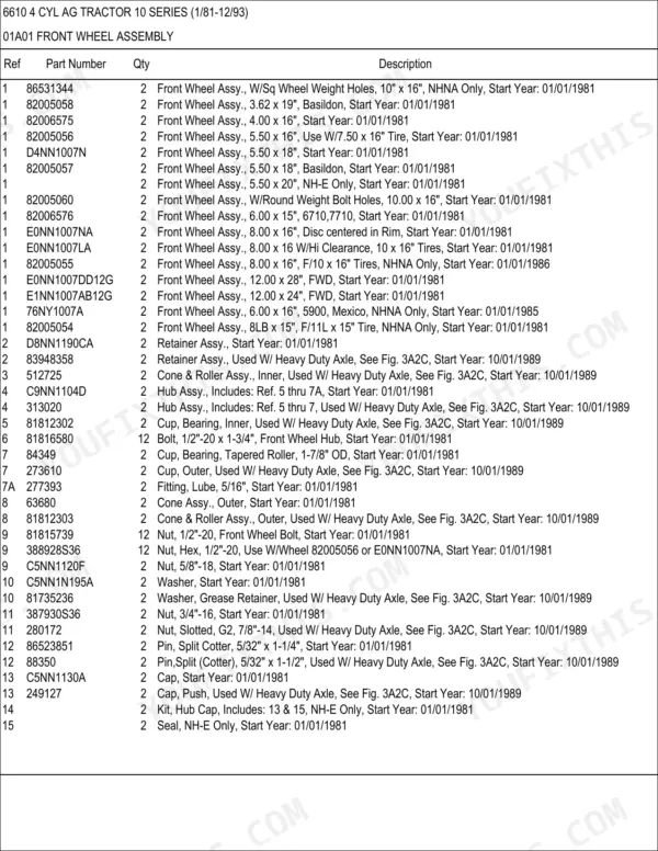 Ford 6610 parts list for 01A01 front wheel assembly, including wheel, hub, bearing, and hardware part numbers.