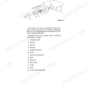 New Holland 718 exploded view of the main drive slip clutch assembly with numbered parts list and installation notes.