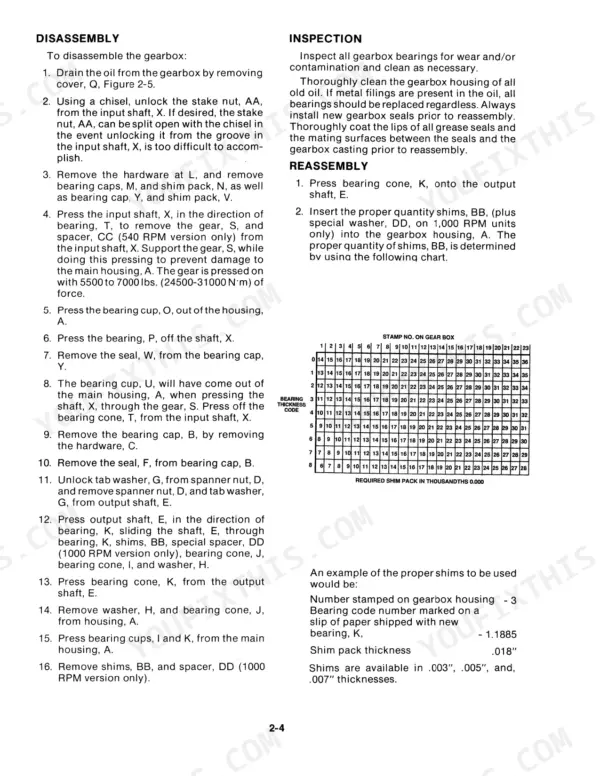 New Holland 718 gearbox disassembly, inspection, reassembly procedures and shim thickness selection chart.