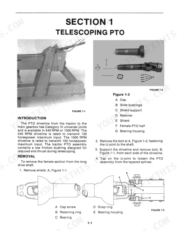 Ford New Holland 790: Telescoping PTO removal procedures, driveline diagrams, and component parts list.