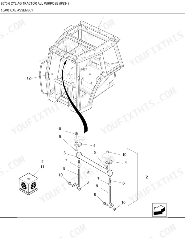 New Holland 8670 exploded view diagram of the cab assembly, showing mounting hardware, brackets, and support components.