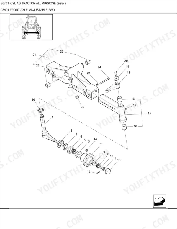 New Holland 8670 exploded view diagram of the adjustable 2WD front axle assembly and wheel hub components.