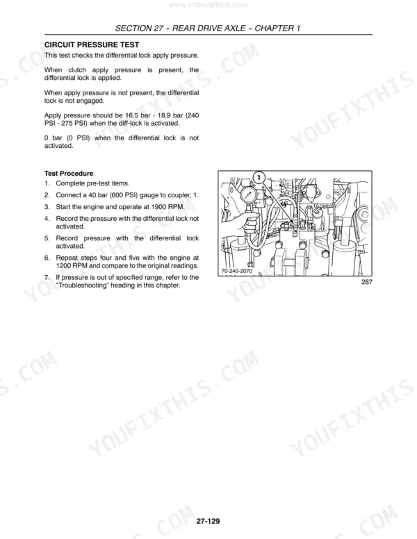 New Holland 8670-8970 rear drive axle differential lock circuit pressure test, Section 27