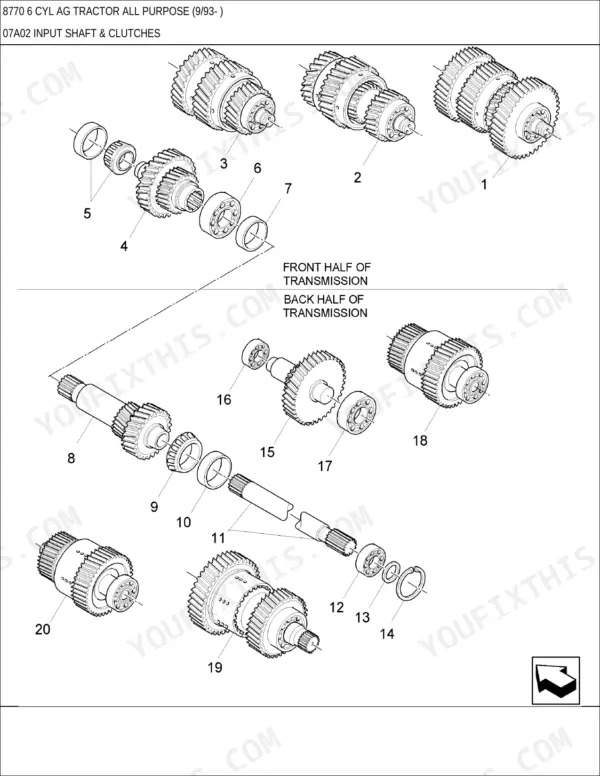 New Holland 8770, 8670, 8870, 8970, G170, G190, G210, G240 exploded view of transmission input shaft and clutch components.