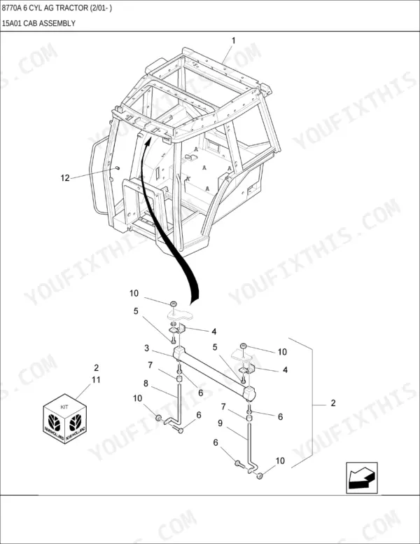 New Holland 8770A, 8770A 6 CYL AG exploded view of cab assembly showing mounting hardware, brackets, and support components.