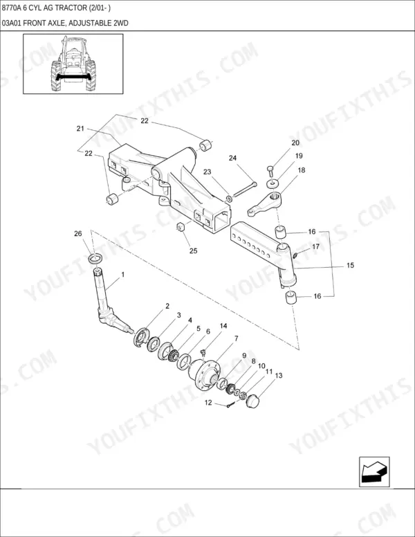 New Holland 8770A, 8770A 6 CYL AG exploded view of 2WD adjustable front axle components and wheel hub assembly.
