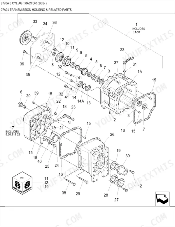 New Holland 8770A, 8770A 6 CYL AG exploded view of transmission housing and related internal components.