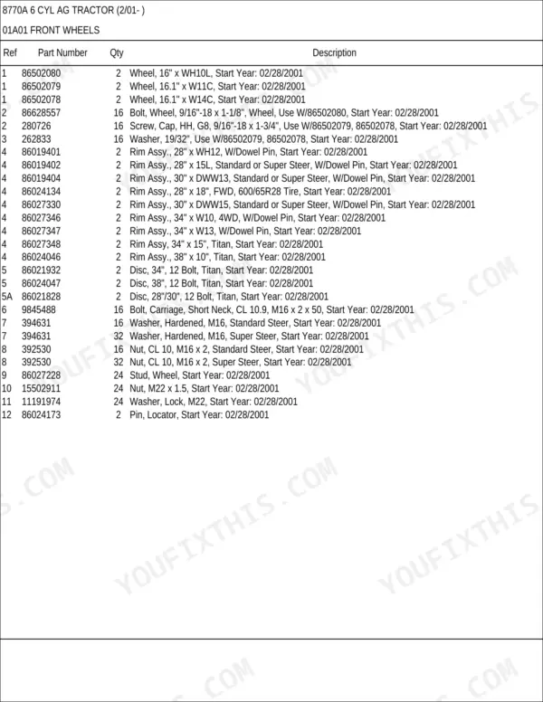 New Holland 8770A, 8770A 6 CYL AG parts list for front wheels, including rim assemblies, discs, bolts, and nuts.