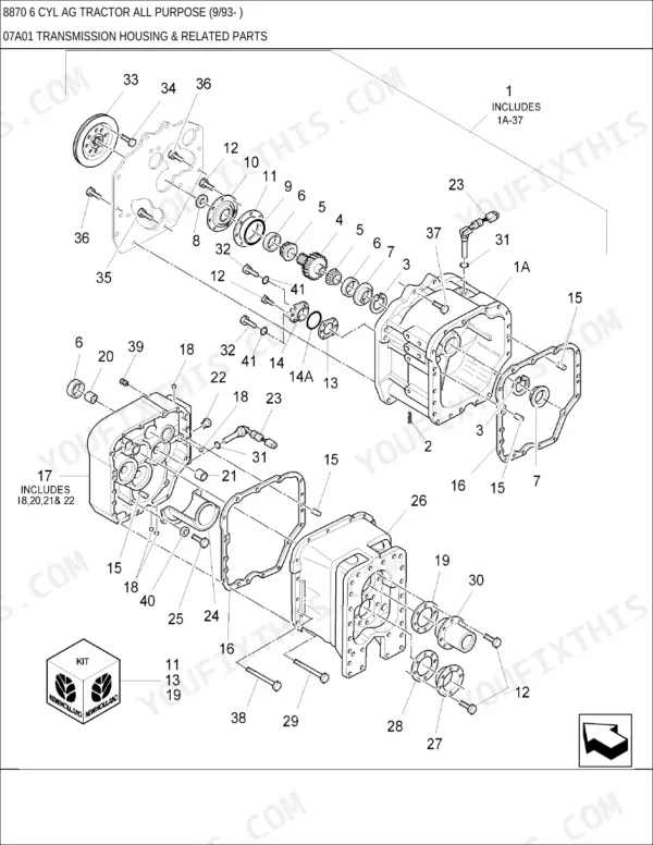 New Holland 8870 exploded view diagram of the transmission housing, gears, shafts, and related assembly components.