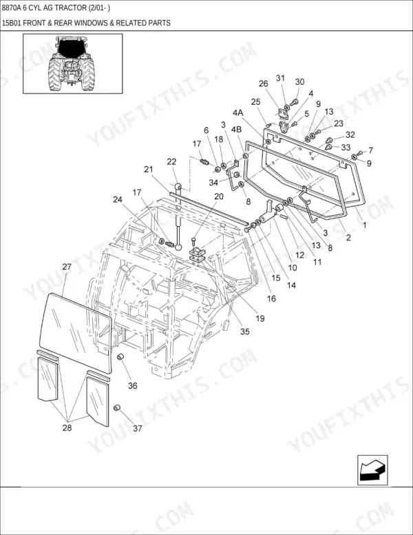 New Holland 8870A, 8870A 6 CYL AG exploded view of cab front and rear windows, glass, hinges, and mounting hardware.