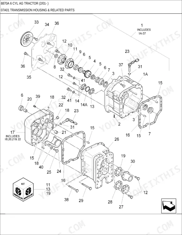 New Holland 8870A, 8870A 6 CYL AG exploded view of transmission housing, gears, shafts, and related assembly components.