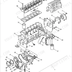New Holland 8870A, 8870A 6 CYL AG exploded view of engine cylinder block, head, and related assembly components.