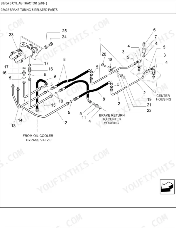 New Holland 8870A, 8870A 6 CYL AG exploded view diagram of brake tubing, hoses, and related hydraulic fittings.