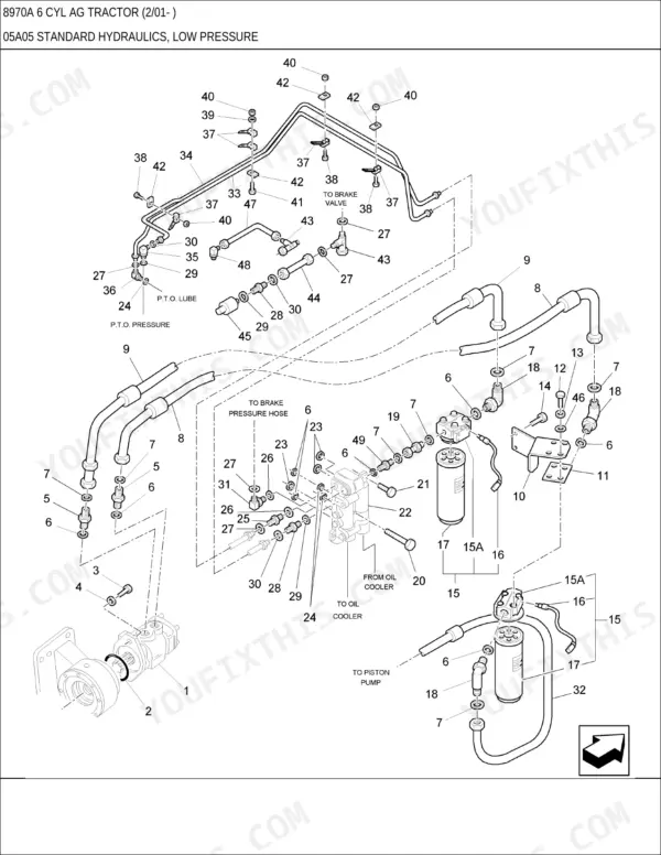 New Holland 8970A, 8970A 6 CYL AG exploded view of standard low pressure hydraulic lines, fittings, and filter assembly.