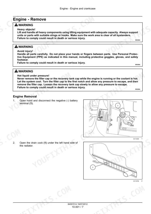 New Holland Boomer 20, Boomer 25 engine removal procedure, battery terminal and radiator drain cock diagrams.