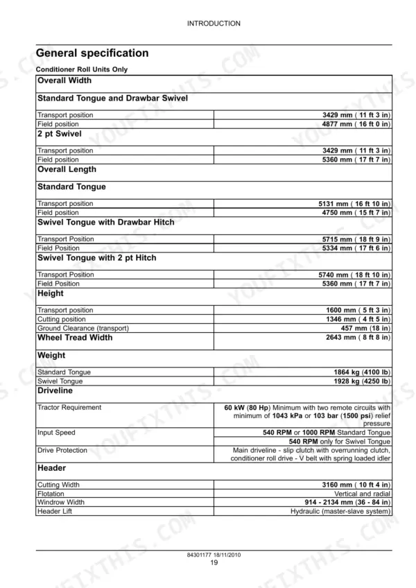 New Holland H7230, H7330, Discbine Mower-Conditioner general specification table for dimensions, weight, and driveline.