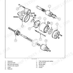 New Holland T3.50F, T3.55F, T3.65F, T3.75F exploded view diagram of the engine starter motor and internal components.