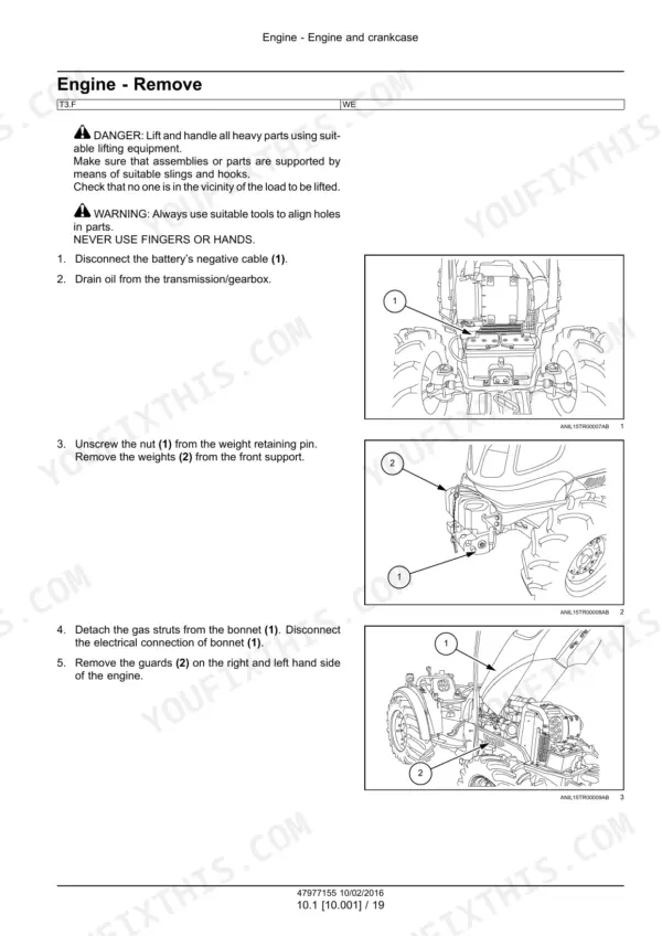 New Holland T3.50F, T3.55F, T3.65F, T3.75F engine removal procedure, battery, front weights, and bonnet gas strut diagrams.