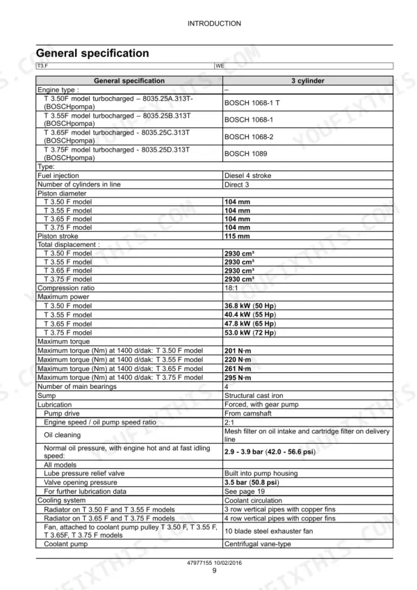 New Holland T3.50F, T3.55F, T3.65F, T3.75F engine general specifications table including displacement, power, and torque.