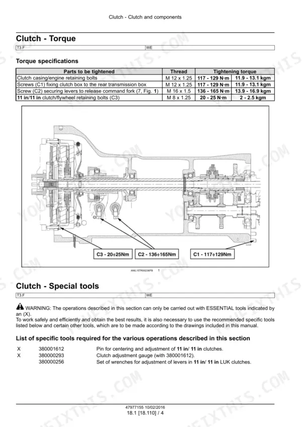 New Holland T3.50F, T3.55F, T3.65F, T3.75F clutch torque specifications table and assembly diagram with special tools list.