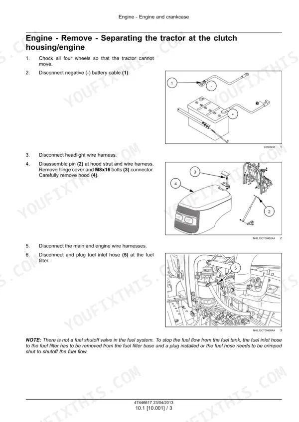 New Holland WORKMASTER 35, WORKMASTER 40, Boomer 30, Boomer 35 engine removal and clutch housing separation procedure.