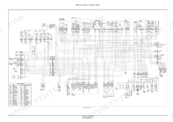 New Holland WORKMASTER 35, WORKMASTER 40, Boomer 30, Boomer 35 electrical system wiring diagram with wire color codes.